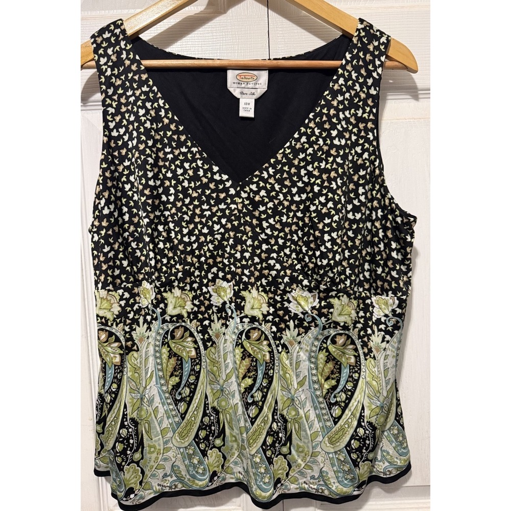 Talbots Pure Silk sleeveless blouse womens petite 18w black paisley border